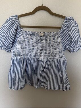 American Eagle Outfitters Blue and White Striped Smocked Peplum Top